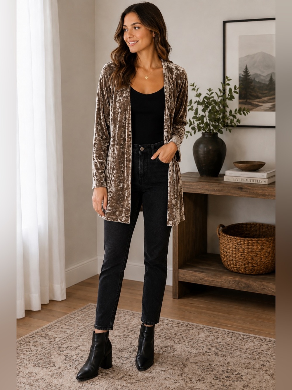 Forever 21 Crushed Velvet Open Cardigan in Taupe Size XS Y2K Boho 90s Neutral